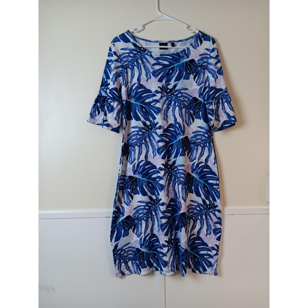 Dress Womens Medium Blue Floral Shift Ruffle Bell 3/4 Sleeve Knee Length